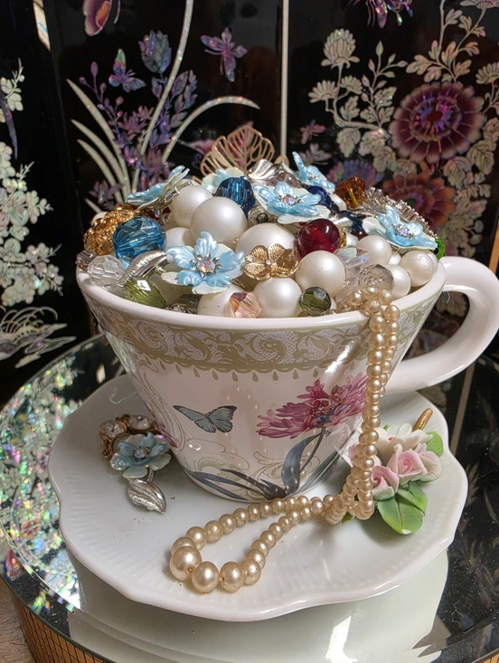 Hand Crafted Other - Hand Crafted Floral Tea Cup w Vintage Jewelry